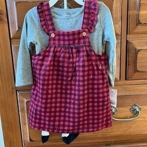 Carter’s Girls red and black checked dress with gray shirt and tights NWT